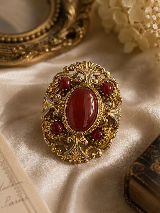 Sphinx Jewelry - Vintage Sphinx Brooch Red Poured Glass Cabochons Rococo Baroque A530